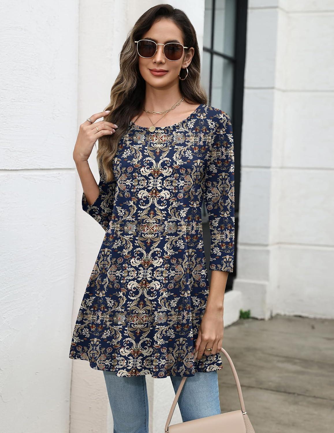 imageZeagoo Women Tops 34 Sleeve Dressy Casual Plus Size Tunics to Wear with Leggings Swing Flare TShirt Loose BlousesBohemiamz869