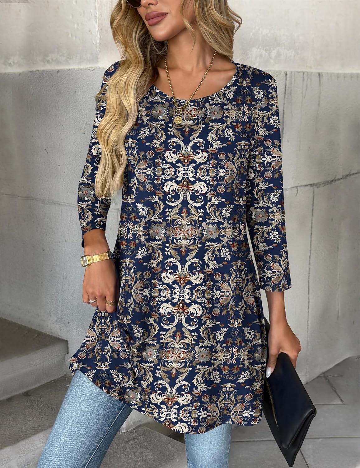 imageZeagoo Women Tops 34 Sleeve Dressy Casual Plus Size Tunics to Wear with Leggings Swing Flare TShirt Loose BlousesBohemiamz869