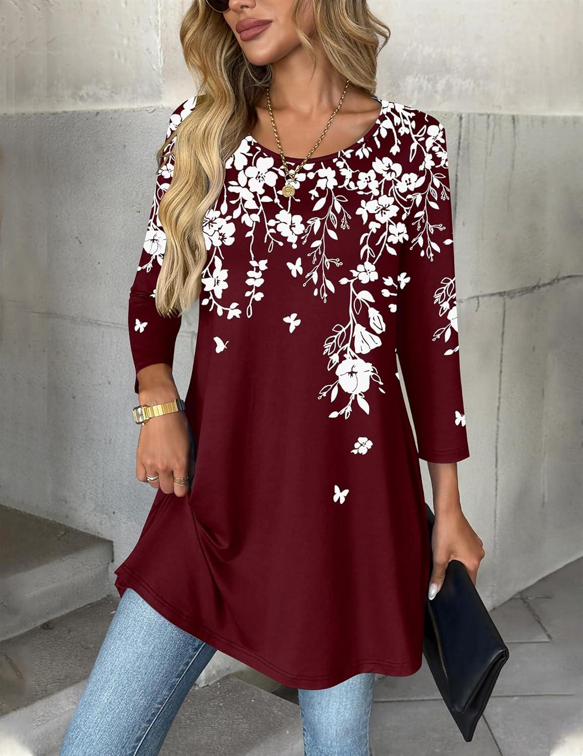 imageZeagoo Women Tops 34 Sleeve Dressy Casual Plus Size Tunics to Wear with Leggings Swing Flare TShirt Loose BlousesBurgundy Flowersf186