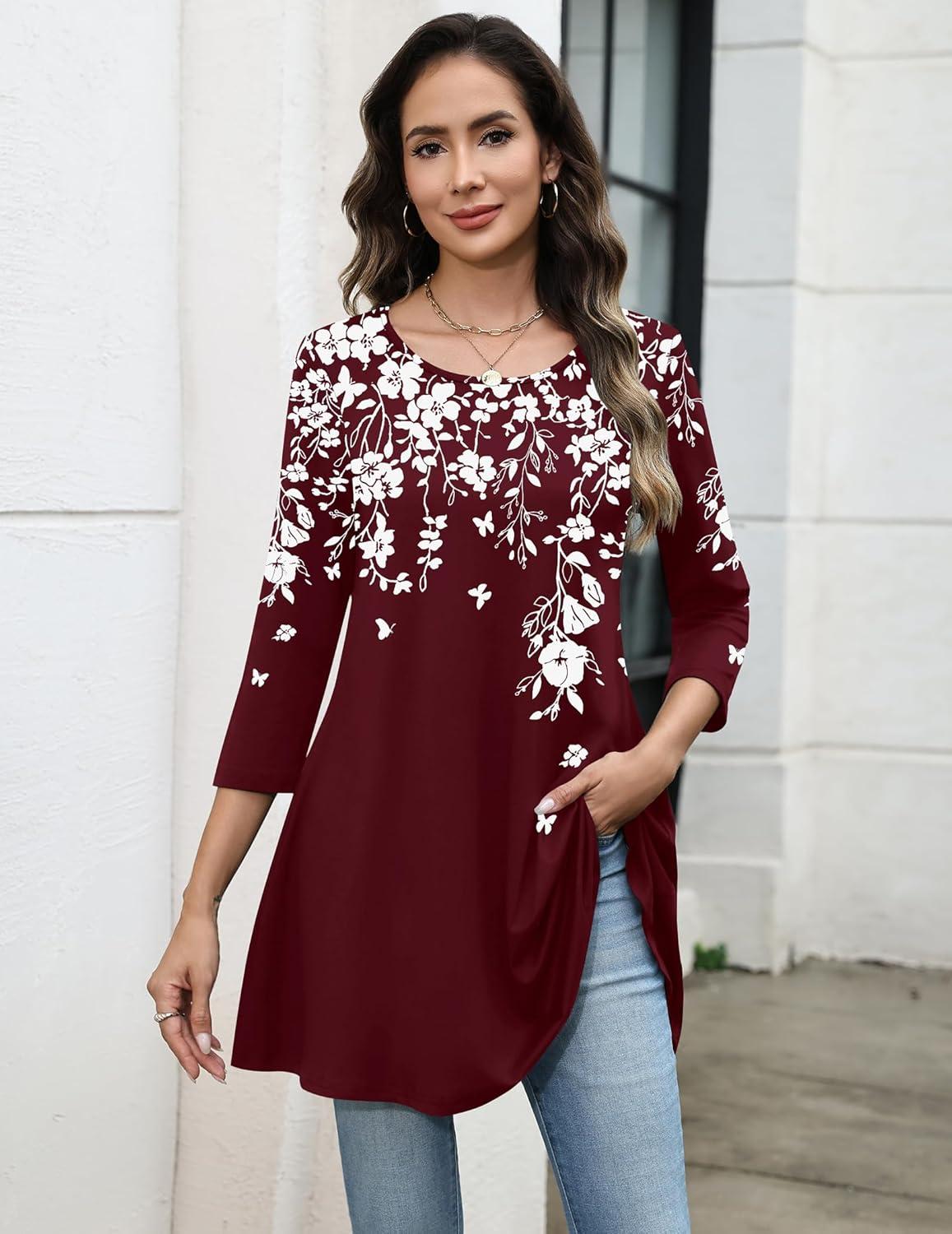 imageZeagoo Women Tops 34 Sleeve Dressy Casual Plus Size Tunics to Wear with Leggings Swing Flare TShirt Loose BlousesBurgundy Flowersf186