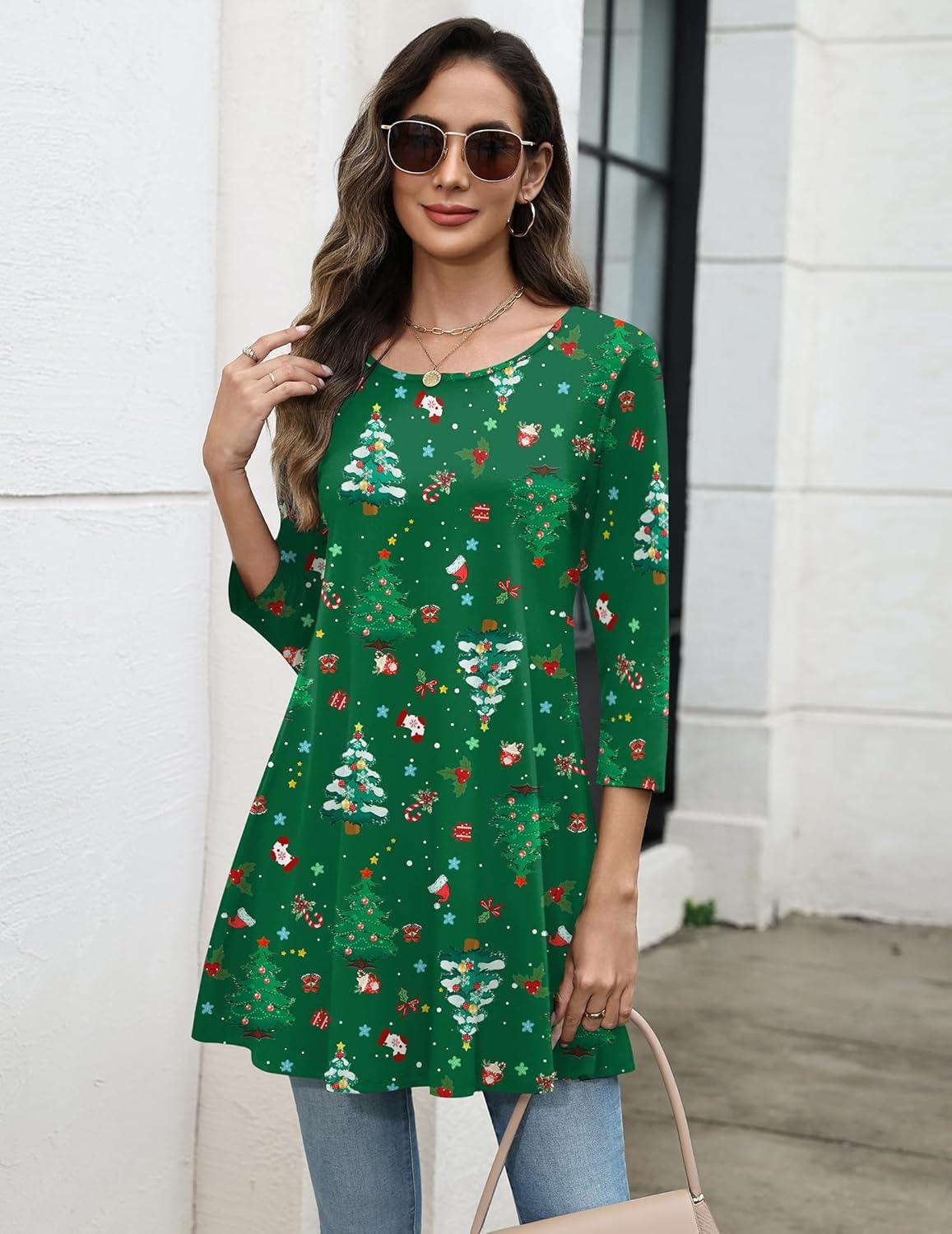 imageZeagoo Women Tops 34 Sleeve Dressy Casual Plus Size Tunics to Wear with Leggings Swing Flare TShirt Loose BlousesGreen Christmassd477