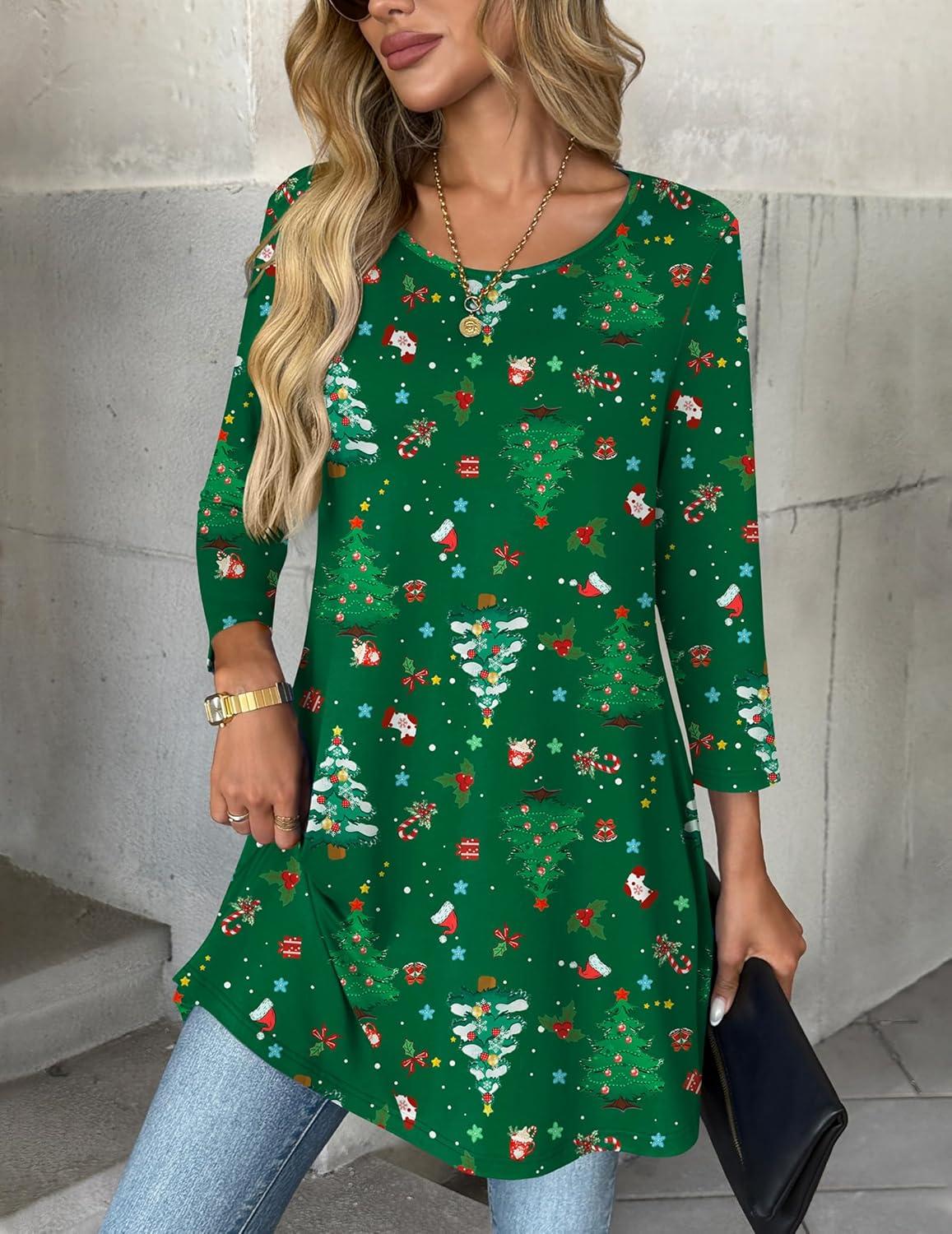imageZeagoo Women Tops 34 Sleeve Dressy Casual Plus Size Tunics to Wear with Leggings Swing Flare TShirt Loose BlousesGreen Christmassd477