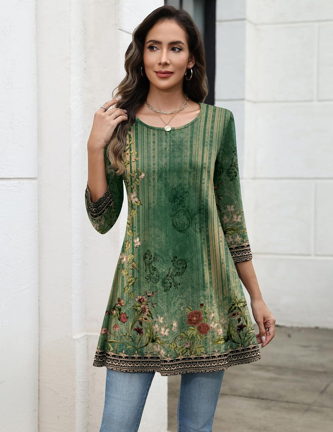 imageZeagoo Women Tops 34 Sleeve Dressy Casual Plus Size Tunics to Wear with Leggings Swing Flare TShirt Loose BlousesGreen Flowermz839