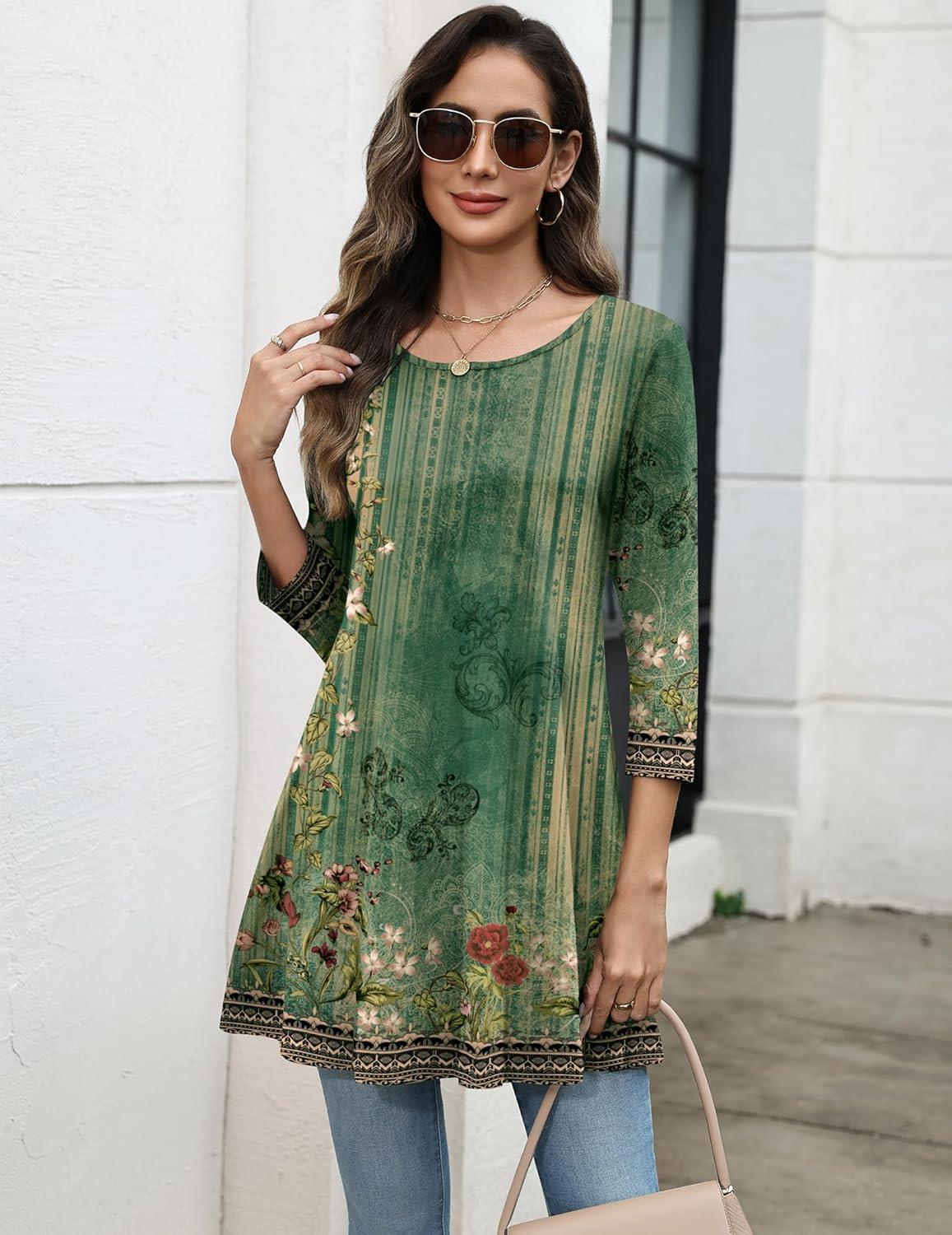 imageZeagoo Women Tops 34 Sleeve Dressy Casual Plus Size Tunics to Wear with Leggings Swing Flare TShirt Loose BlousesGreen Flowermz839