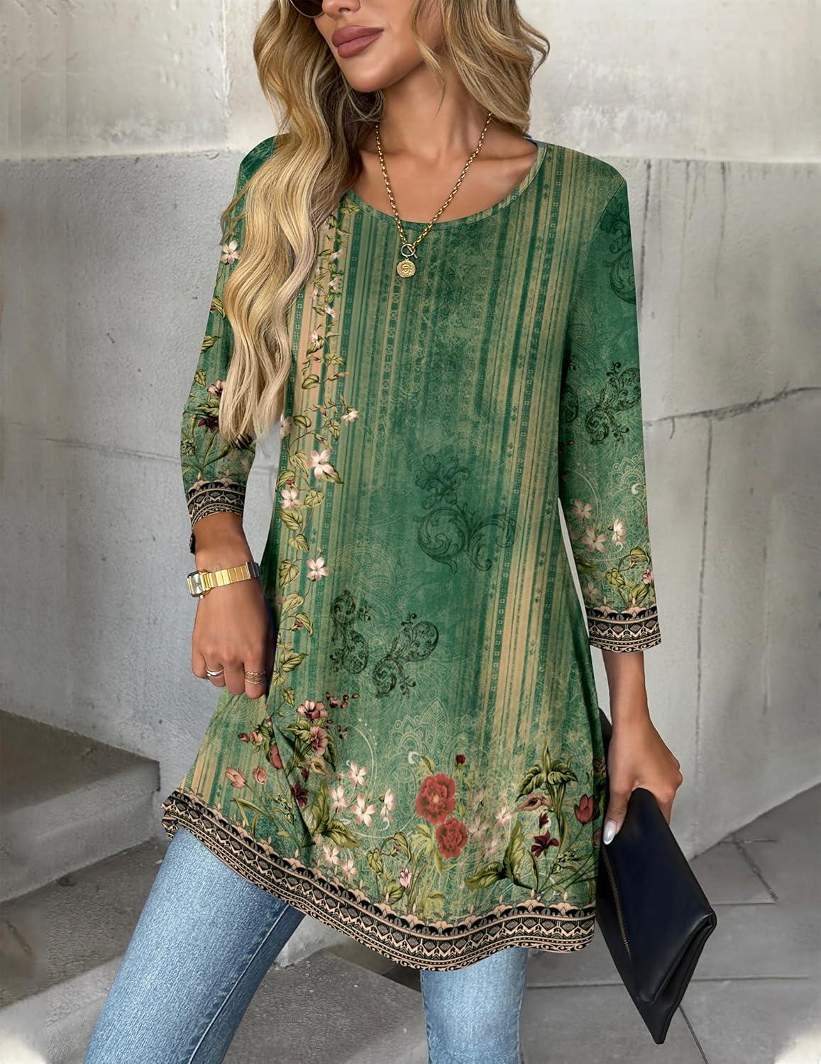 imageZeagoo Women Tops 34 Sleeve Dressy Casual Plus Size Tunics to Wear with Leggings Swing Flare TShirt Loose BlousesGreen Flowermz839