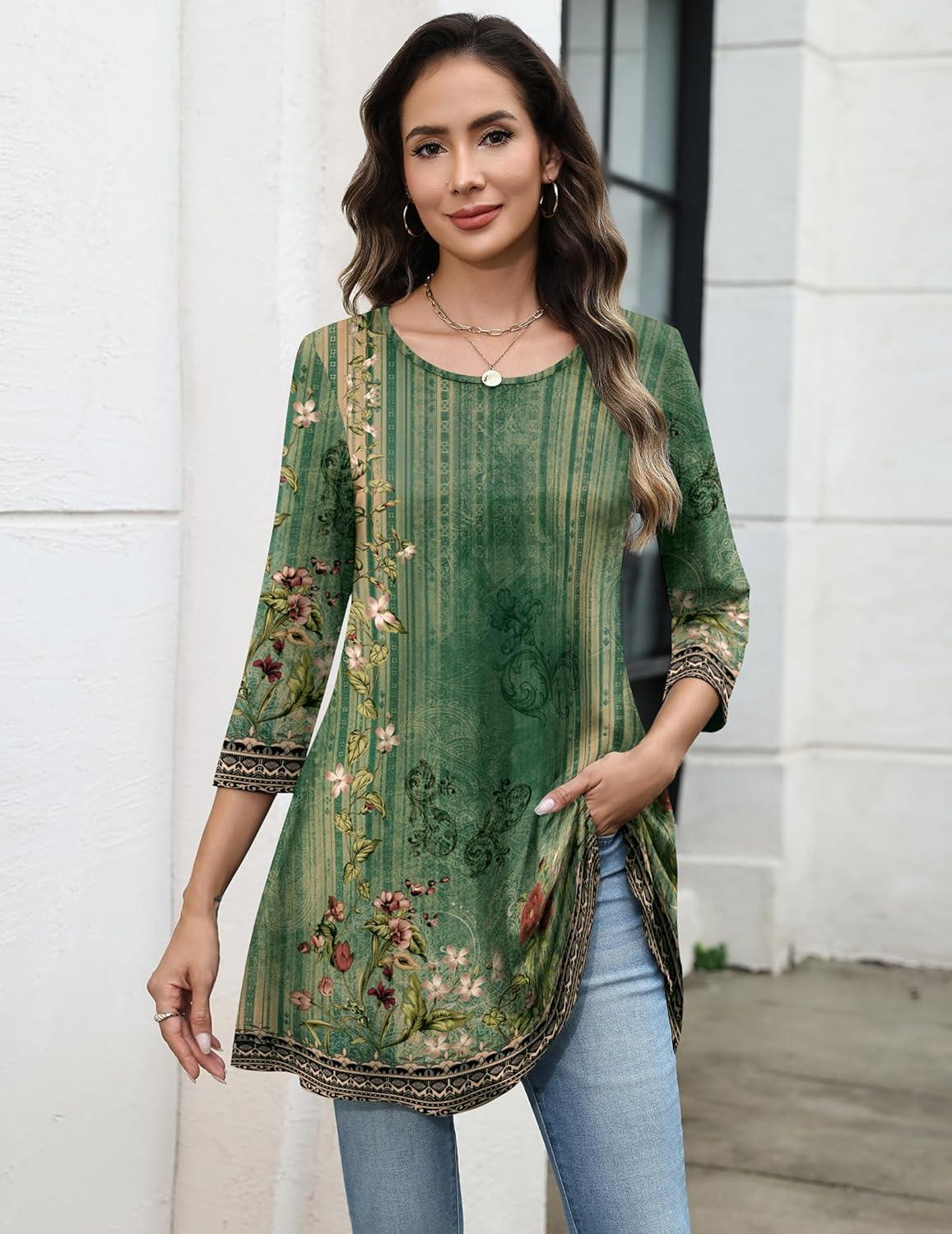 imageZeagoo Women Tops 34 Sleeve Dressy Casual Plus Size Tunics to Wear with Leggings Swing Flare TShirt Loose BlousesGreen Flowermz839