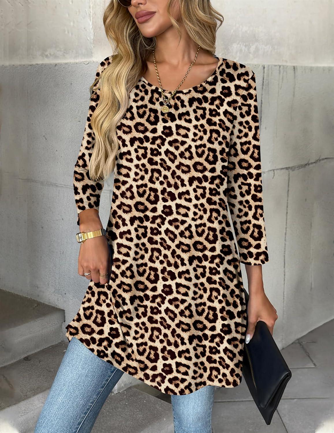 imageZeagoo Women Tops 34 Sleeve Dressy Casual Plus Size Tunics to Wear with Leggings Swing Flare TShirt Loose BlousesLeopard Printpa222