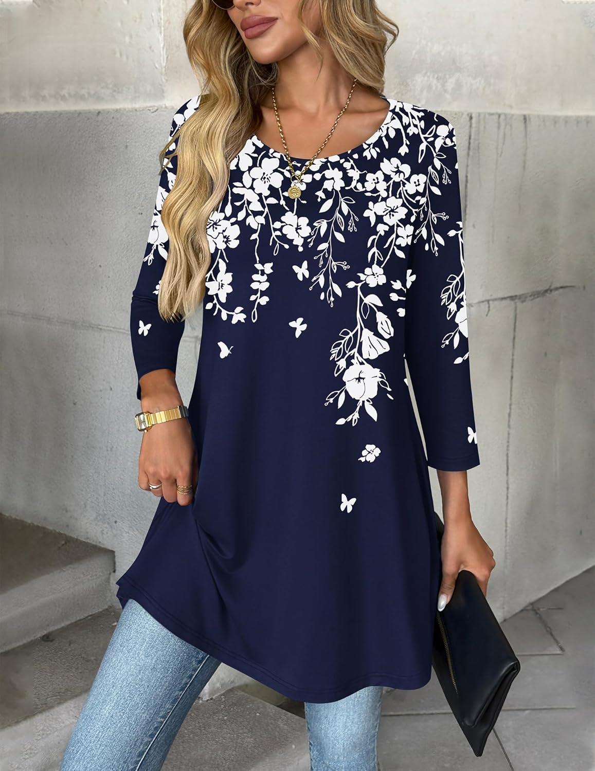 imageZeagoo Women Tops 34 Sleeve Dressy Casual Plus Size Tunics to Wear with Leggings Swing Flare TShirt Loose BlousesNavy Blue Flowerssf103