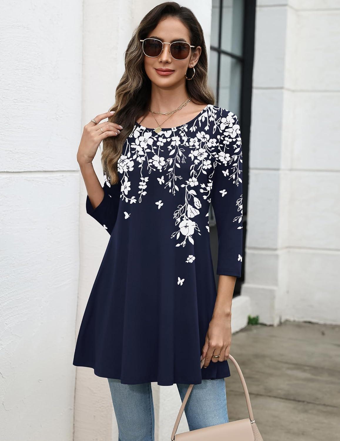 imageZeagoo Women Tops 34 Sleeve Dressy Casual Plus Size Tunics to Wear with Leggings Swing Flare TShirt Loose BlousesNavy Blue Flowerssf103