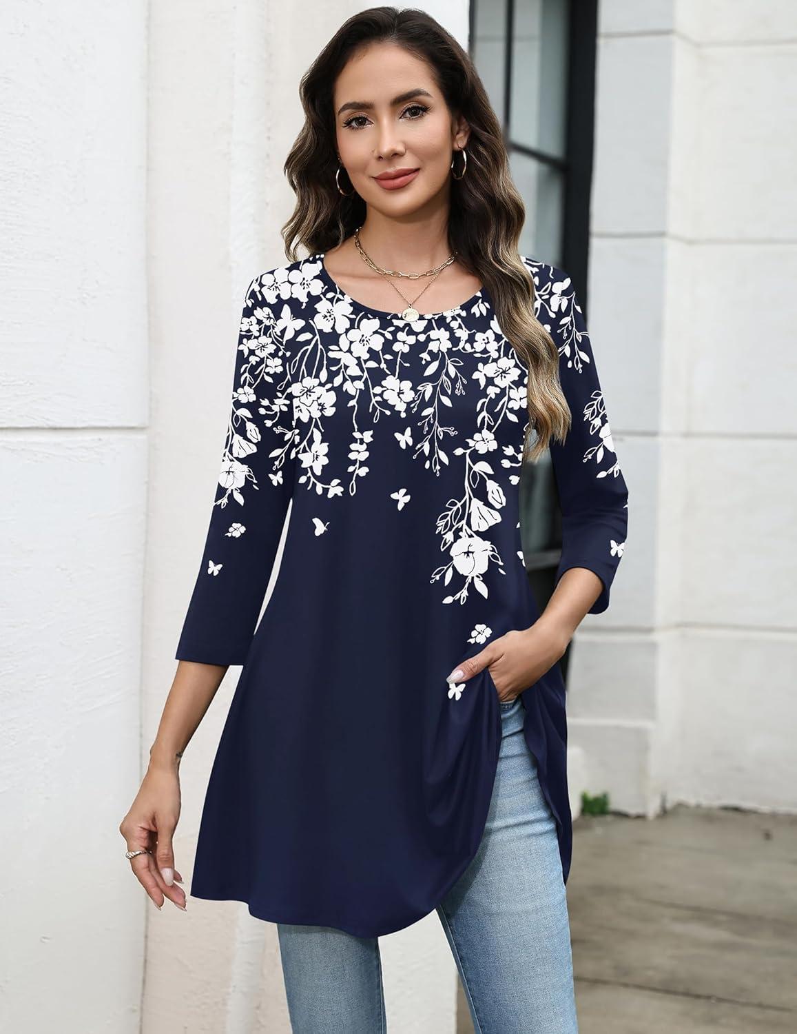 imageZeagoo Women Tops 34 Sleeve Dressy Casual Plus Size Tunics to Wear with Leggings Swing Flare TShirt Loose BlousesNavy Blue Flowerssf103