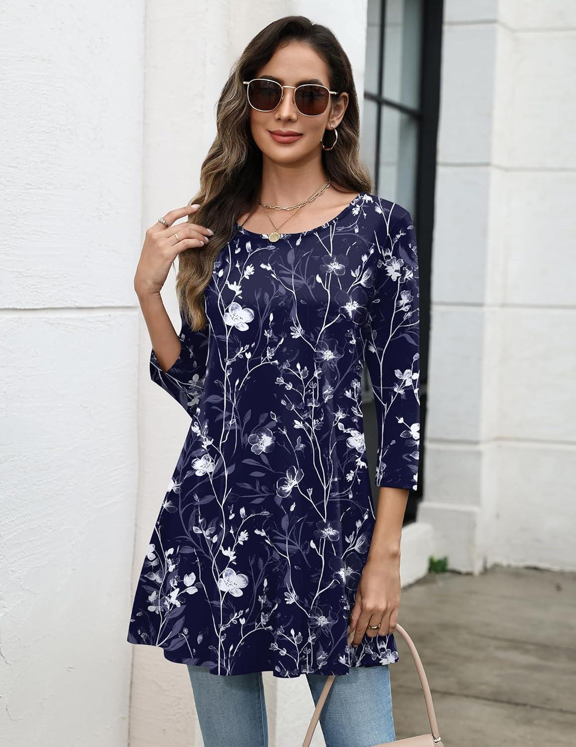 imageZeagoo Women Tops 34 Sleeve Dressy Casual Plus Size Tunics to Wear with Leggings Swing Flare TShirt Loose BlousesNavy Flowersf180