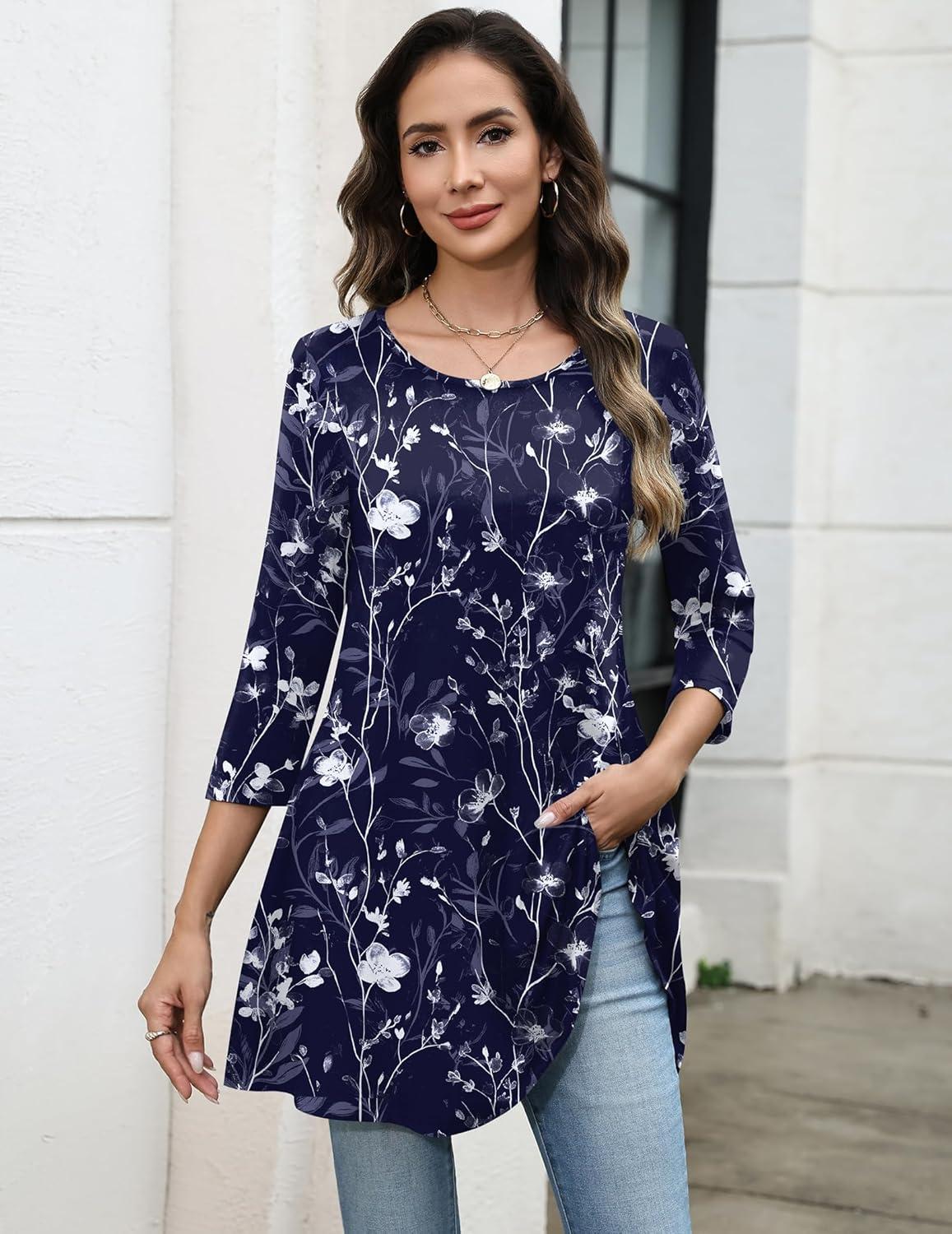 imageZeagoo Women Tops 34 Sleeve Dressy Casual Plus Size Tunics to Wear with Leggings Swing Flare TShirt Loose BlousesNavy Flowersf180