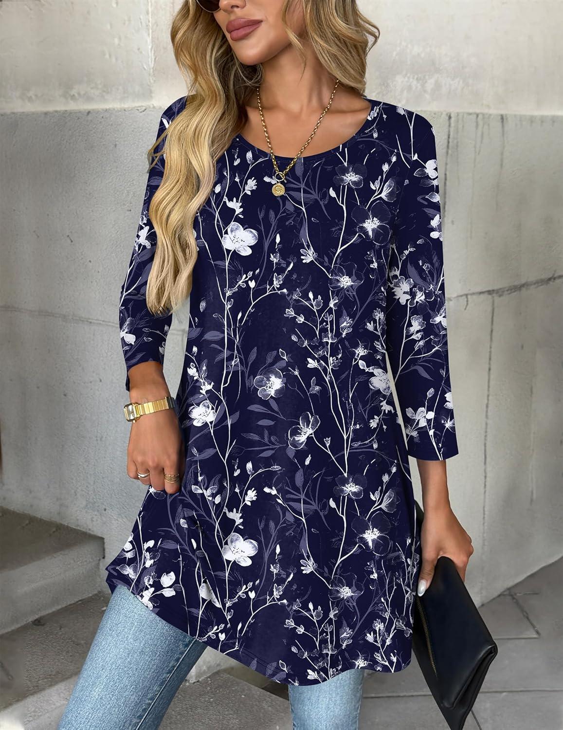 imageZeagoo Women Tops 34 Sleeve Dressy Casual Plus Size Tunics to Wear with Leggings Swing Flare TShirt Loose BlousesNavy Flowersf180