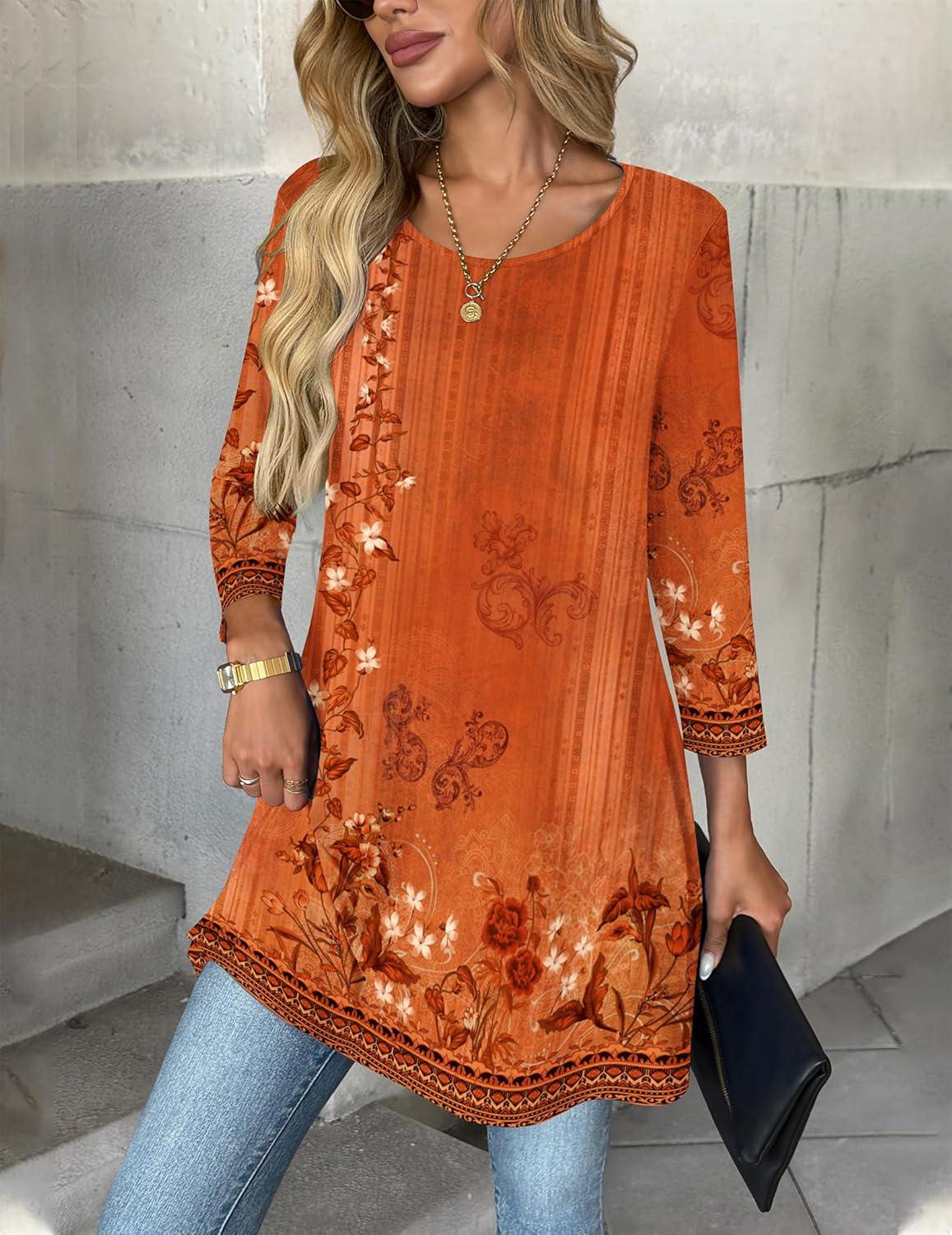 imageZeagoo Women Tops 34 Sleeve Dressy Casual Plus Size Tunics to Wear with Leggings Swing Flare TShirt Loose BlousesOrange Flowermz867