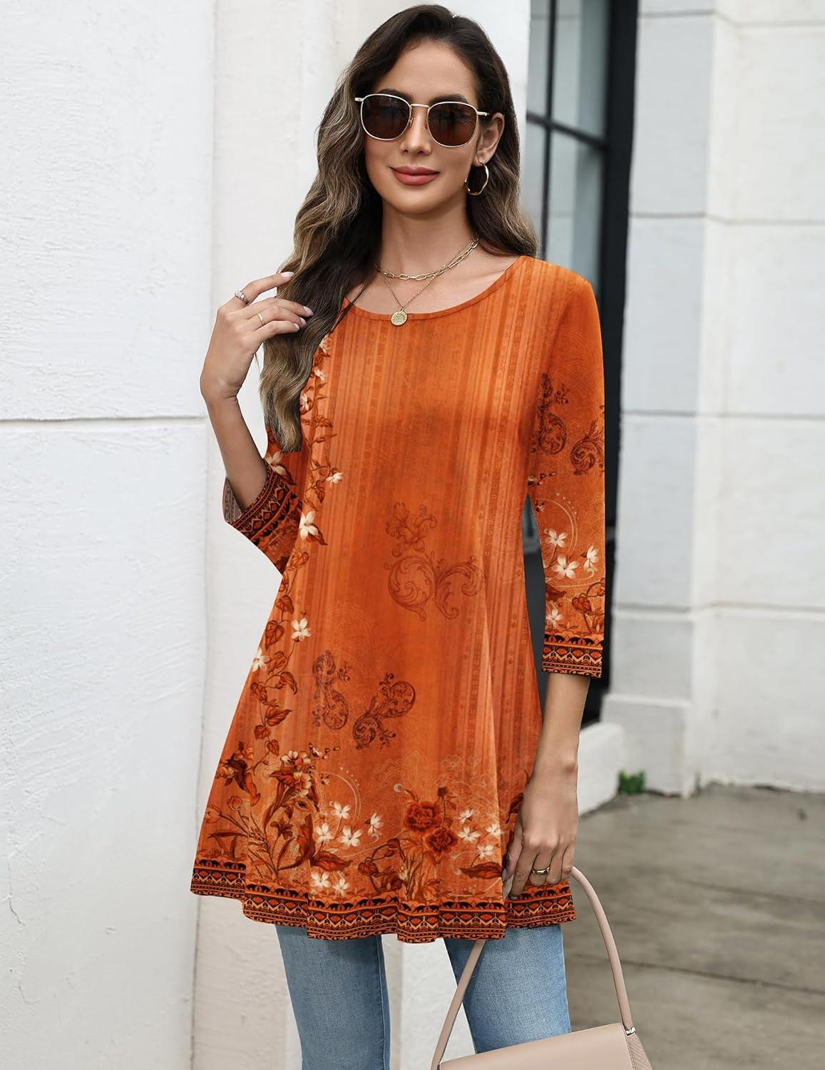 imageZeagoo Women Tops 34 Sleeve Dressy Casual Plus Size Tunics to Wear with Leggings Swing Flare TShirt Loose BlousesOrange Flowermz867