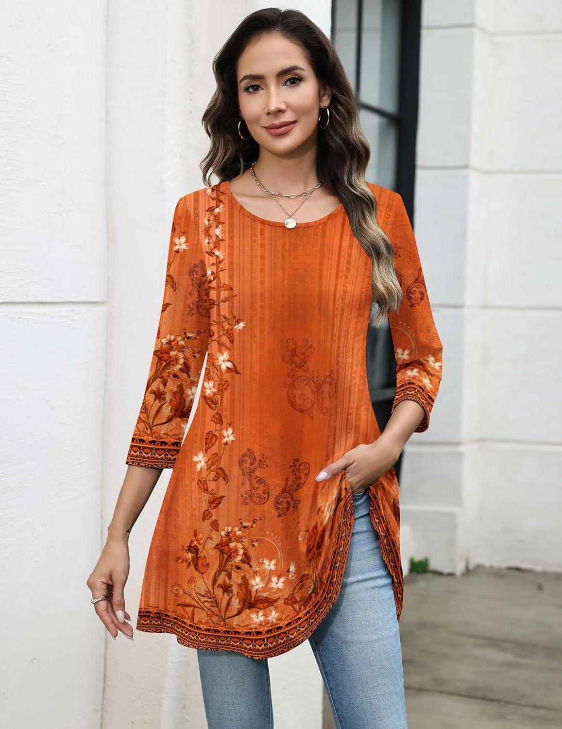 imageZeagoo Women Tops 34 Sleeve Dressy Casual Plus Size Tunics to Wear with Leggings Swing Flare TShirt Loose BlousesOrange Flowermz867