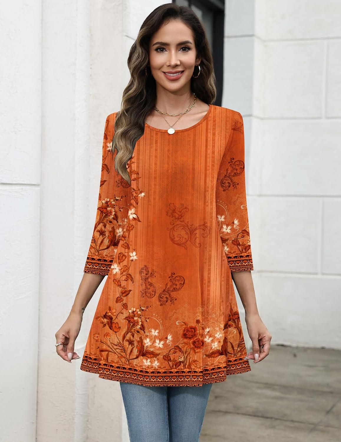 imageZeagoo Women Tops 34 Sleeve Dressy Casual Plus Size Tunics to Wear with Leggings Swing Flare TShirt Loose BlousesOrange Flowermz867
