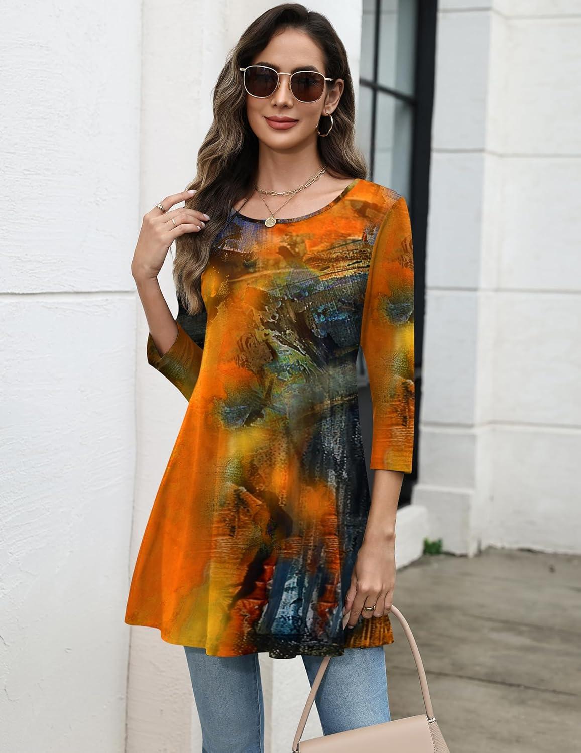 imageZeagoo Women Tops 34 Sleeve Dressy Casual Plus Size Tunics to Wear with Leggings Swing Flare TShirt Loose BlousesOrange Printcx272