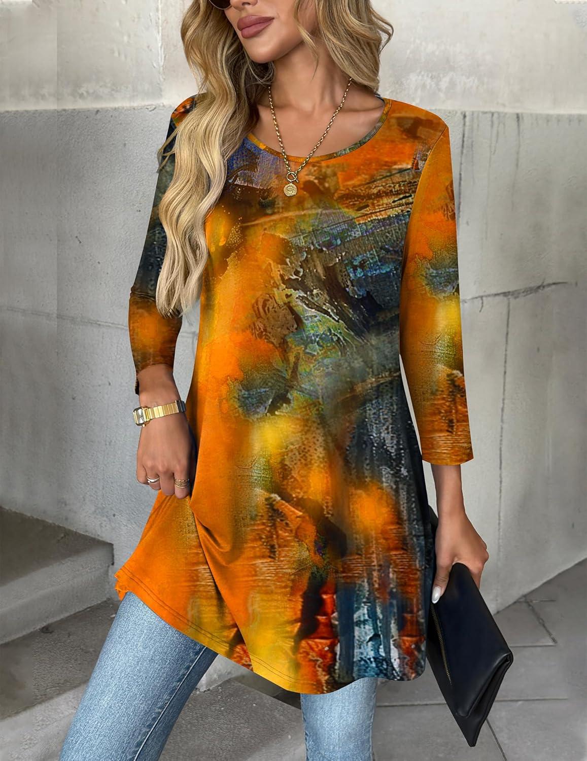 imageZeagoo Women Tops 34 Sleeve Dressy Casual Plus Size Tunics to Wear with Leggings Swing Flare TShirt Loose BlousesOrange Printcx272