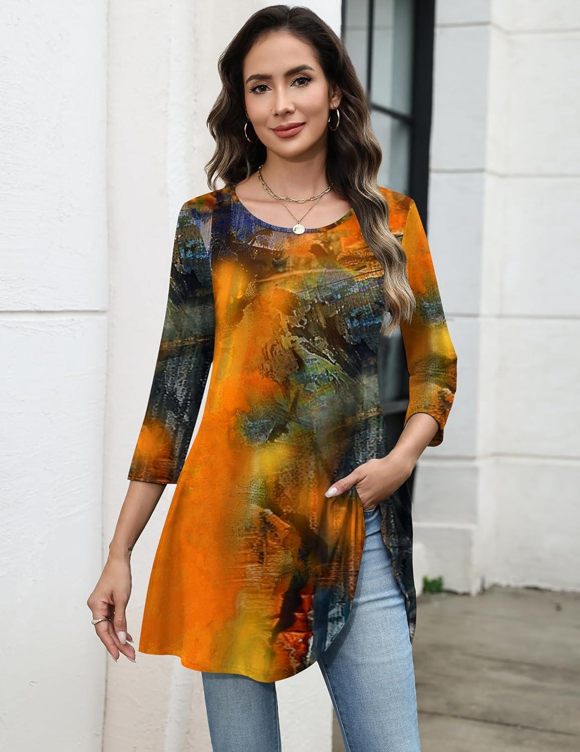 imageZeagoo Women Tops 34 Sleeve Dressy Casual Plus Size Tunics to Wear with Leggings Swing Flare TShirt Loose BlousesOrange Printcx272