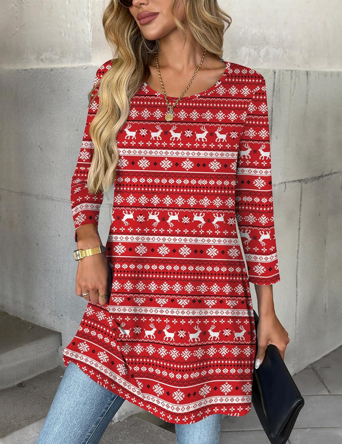 imageZeagoo Women Tops 34 Sleeve Dressy Casual Plus Size Tunics to Wear with Leggings Swing Flare TShirt Loose BlousesRed Christmassd142