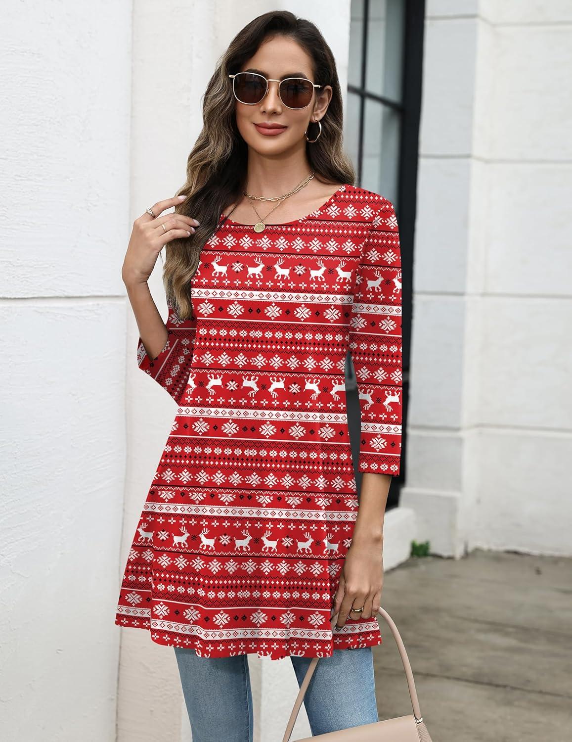 imageZeagoo Women Tops 34 Sleeve Dressy Casual Plus Size Tunics to Wear with Leggings Swing Flare TShirt Loose BlousesRed Christmassd142