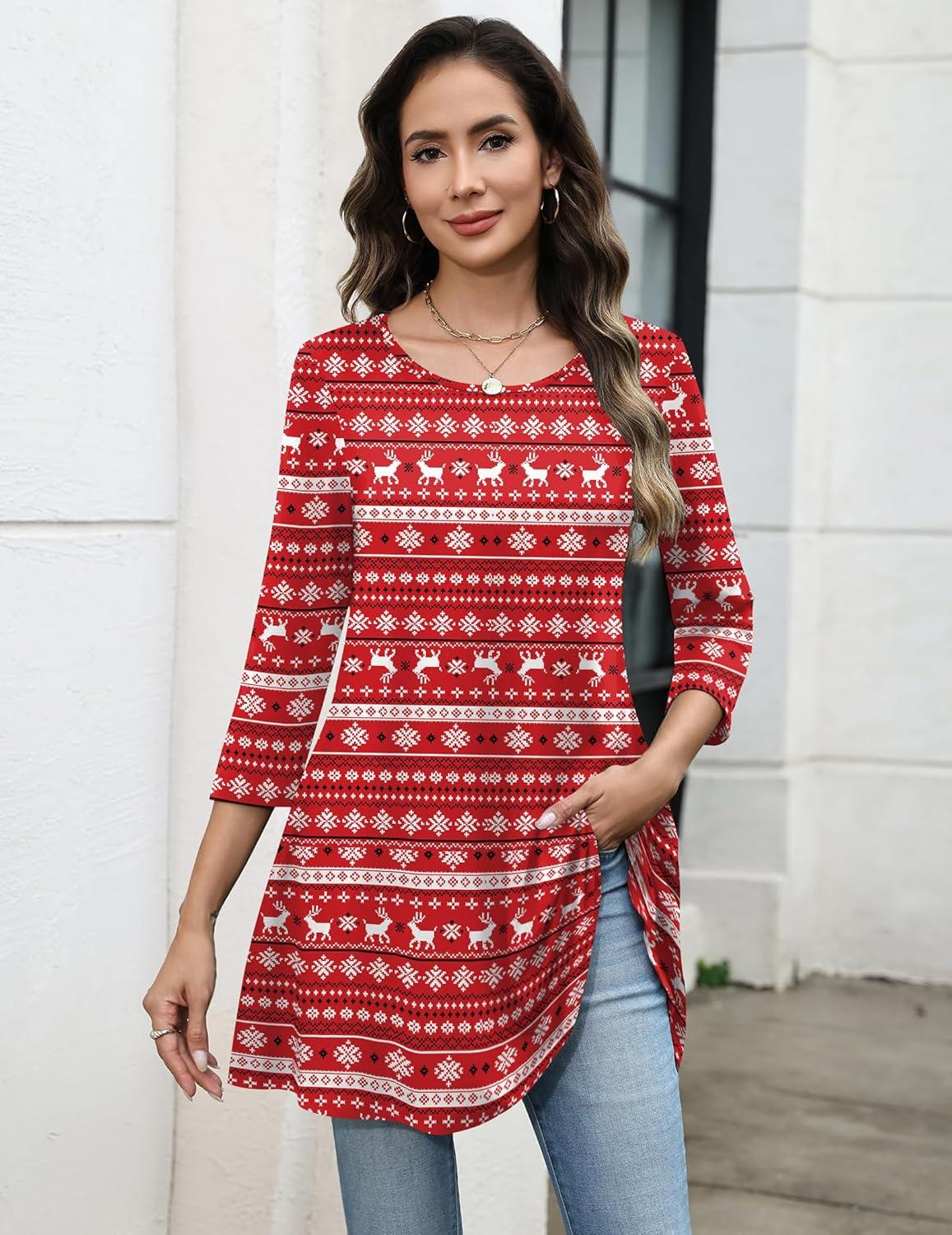 imageZeagoo Women Tops 34 Sleeve Dressy Casual Plus Size Tunics to Wear with Leggings Swing Flare TShirt Loose BlousesRed Christmassd142