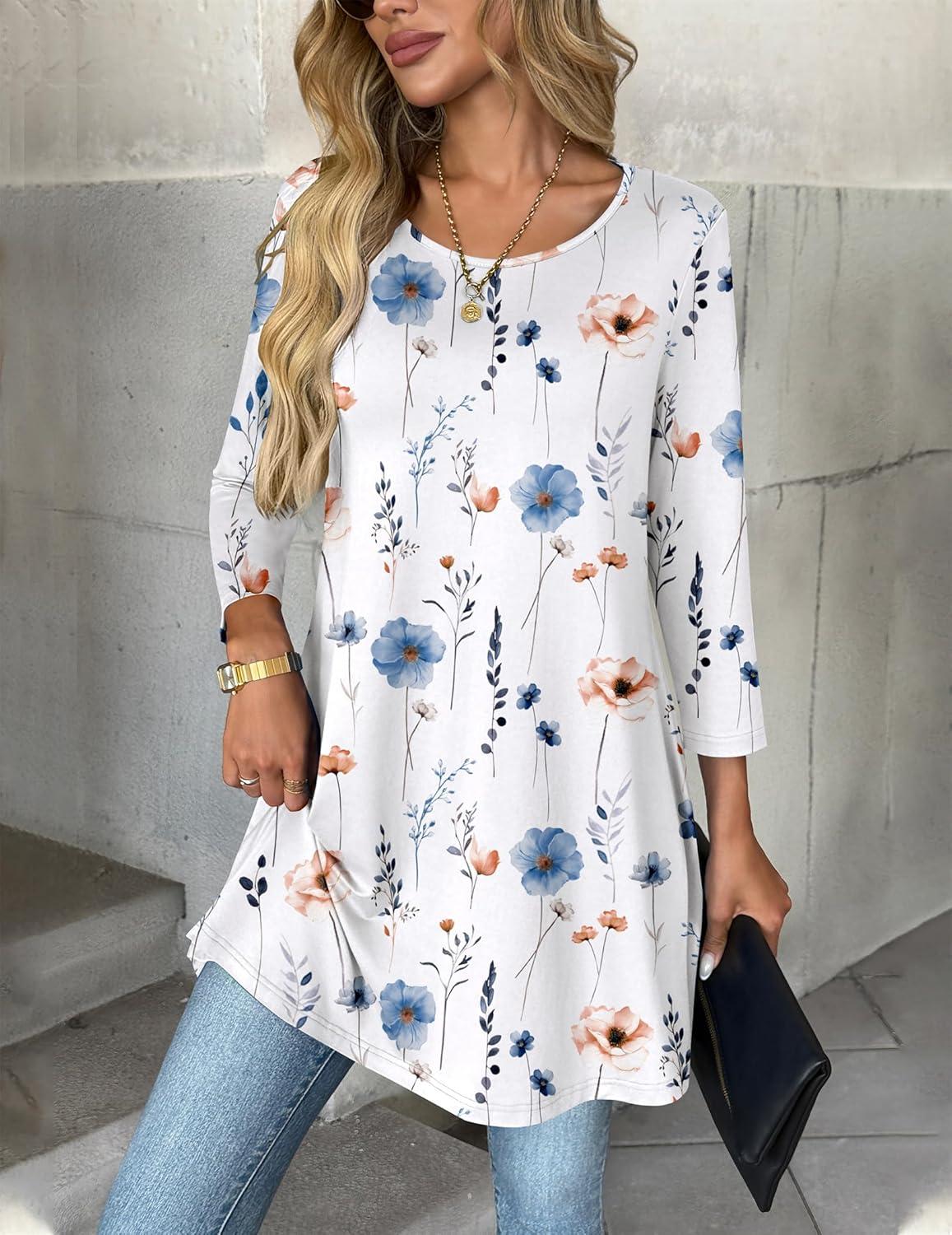 imageZeagoo Women Tops 34 Sleeve Dressy Casual Plus Size Tunics to Wear with Leggings Swing Flare TShirt Loose BlousesWhite Flowersbf290