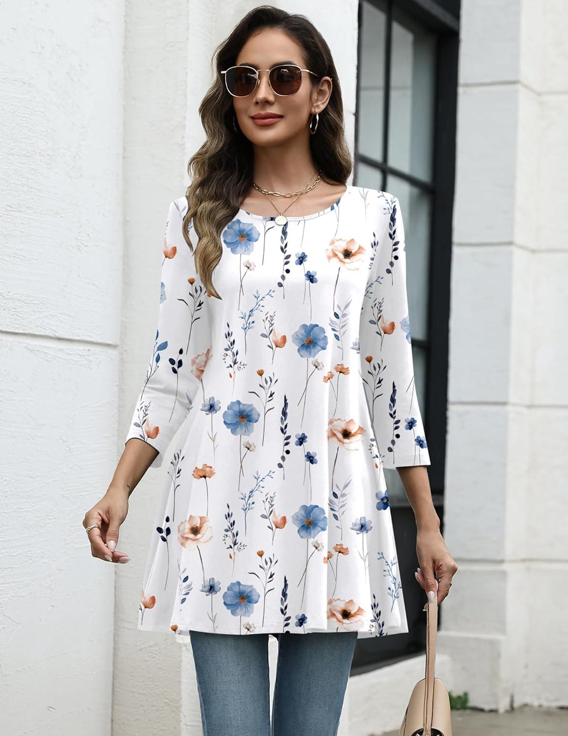 imageZeagoo Women Tops 34 Sleeve Dressy Casual Plus Size Tunics to Wear with Leggings Swing Flare TShirt Loose BlousesWhite Flowersbf290