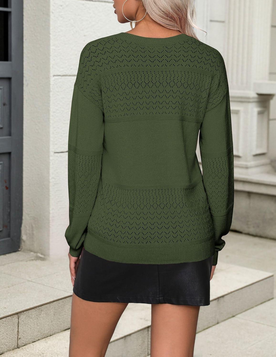 imageZeagoo Womens 2026 Fall Sweaters Casual Long Sleeve Ribbed Knit Pullover V Neck Lightweight Crochet Pullover Sweater TopArmy Green