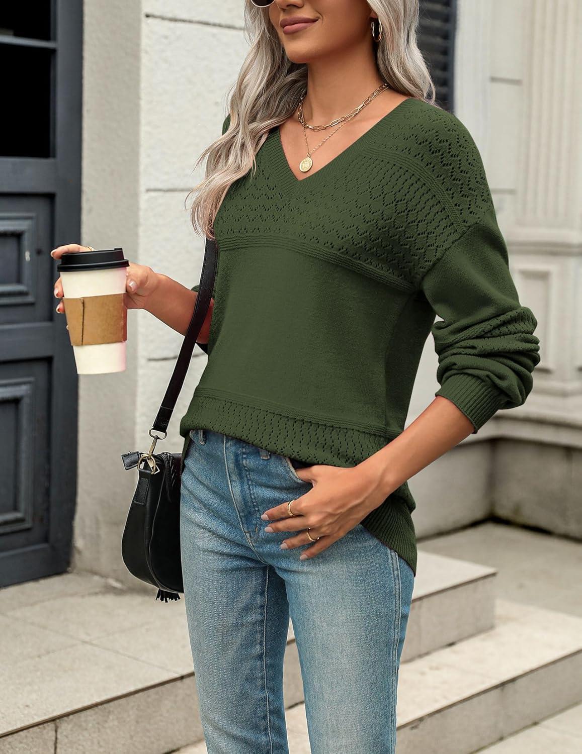 imageZeagoo Womens 2026 Fall Sweaters Casual Long Sleeve Ribbed Knit Pullover V Neck Lightweight Crochet Pullover Sweater TopArmy Green