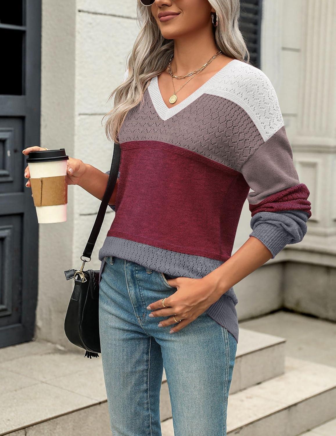 imageZeagoo Womens 2026 Fall Sweaters Casual Long Sleeve Ribbed Knit Pullover V Neck Lightweight Crochet Pullover Sweater TopColorblock 562