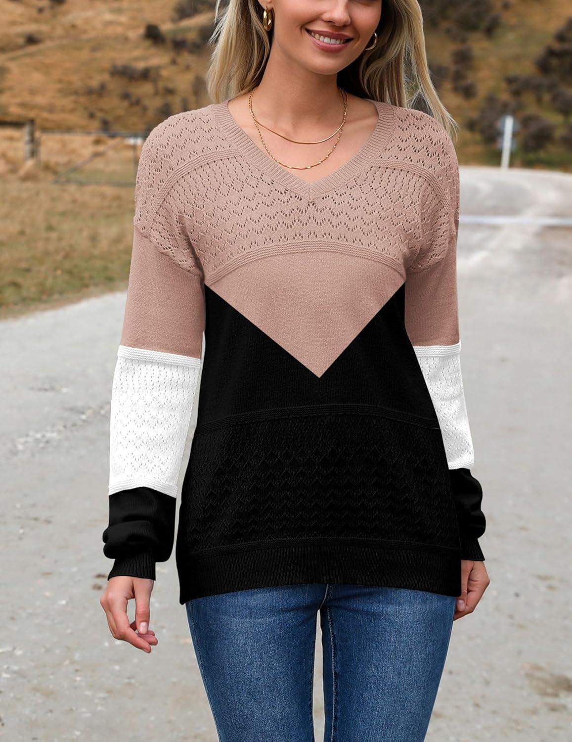 imageZeagoo Womens 2026 Fall Sweaters Casual Long Sleeve Ribbed Knit Pullover V Neck Lightweight Crochet Pullover Sweater TopColorblock Jh550