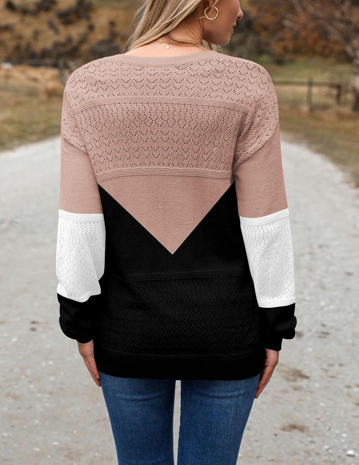 imageZeagoo Womens 2026 Fall Sweaters Casual Long Sleeve Ribbed Knit Pullover V Neck Lightweight Crochet Pullover Sweater TopColorblock Jh550