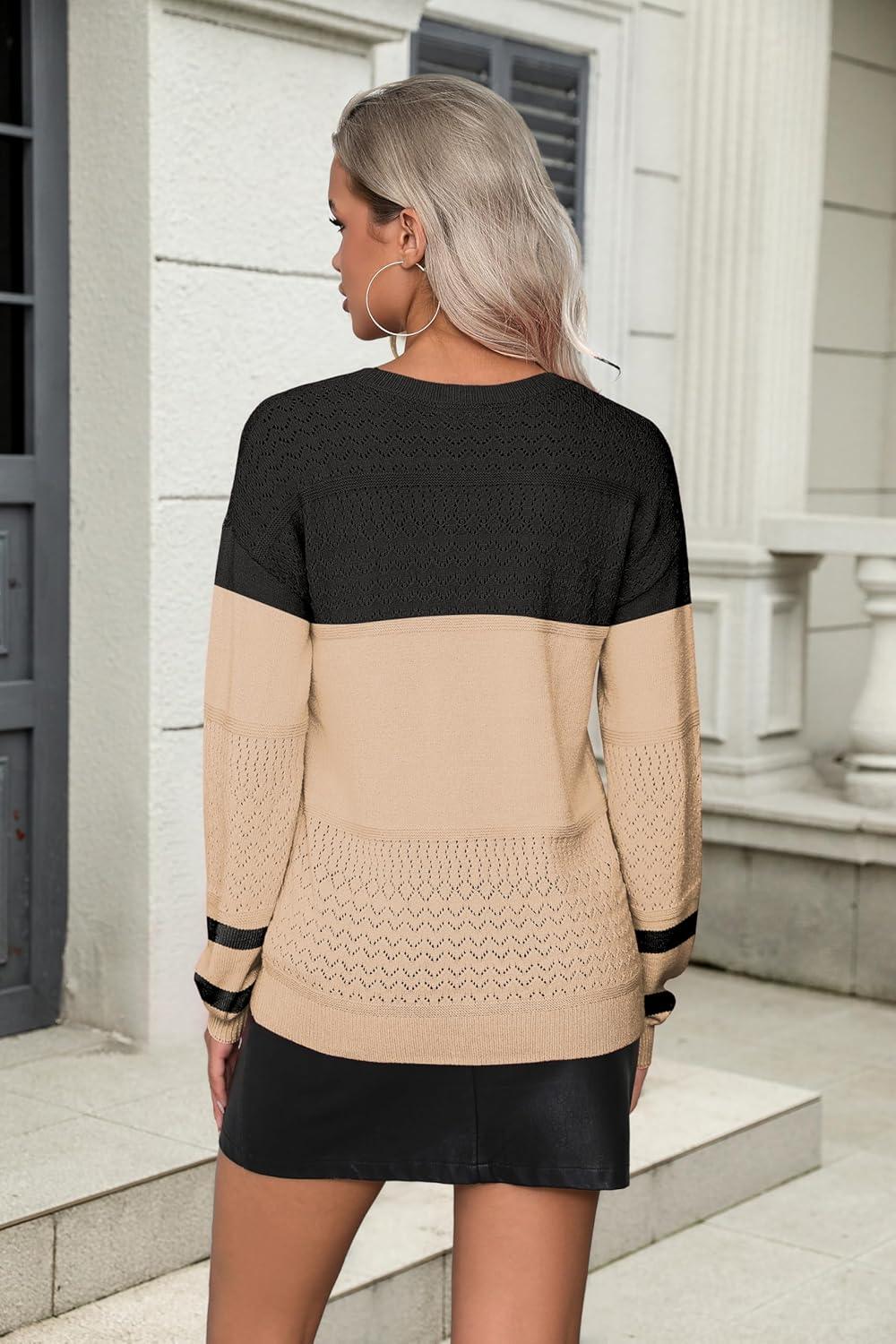 imageZeagoo Womens 2026 Fall Sweaters Casual Long Sleeve Ribbed Knit Pullover V Neck Lightweight Crochet Pullover Sweater TopColorblock Pat1