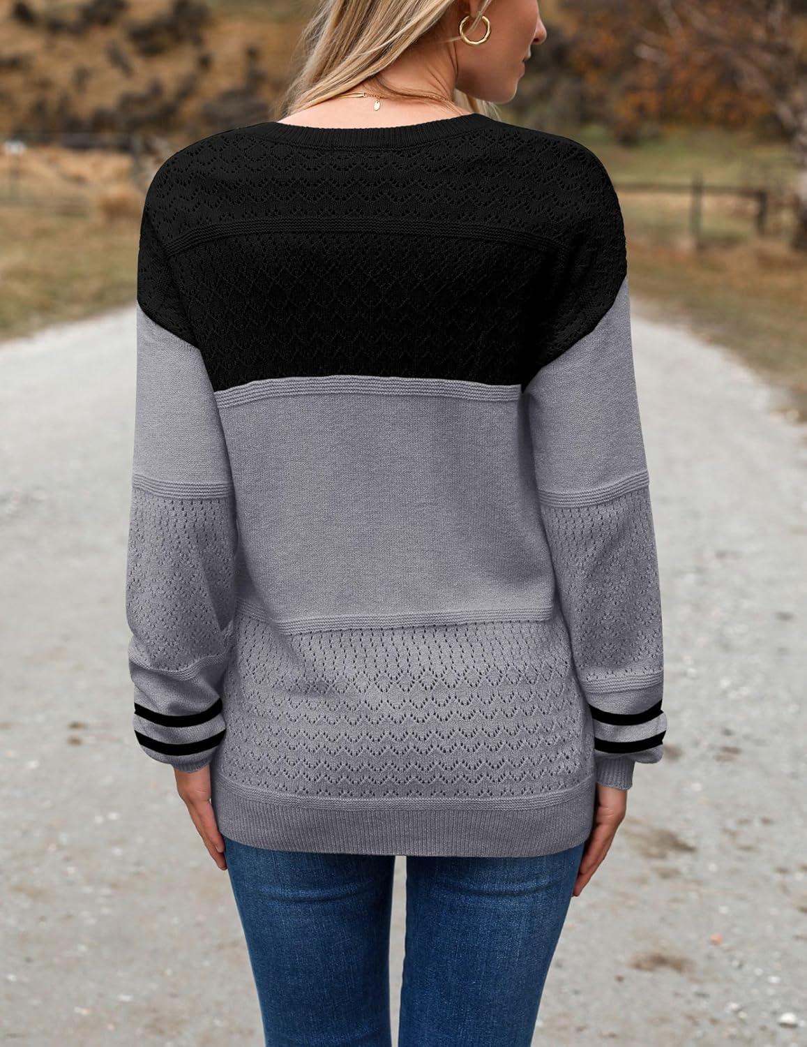 imageZeagoo Womens 2026 Fall Sweaters Casual Long Sleeve Ribbed Knit Pullover V Neck Lightweight Crochet Pullover Sweater TopColorblock Tz172