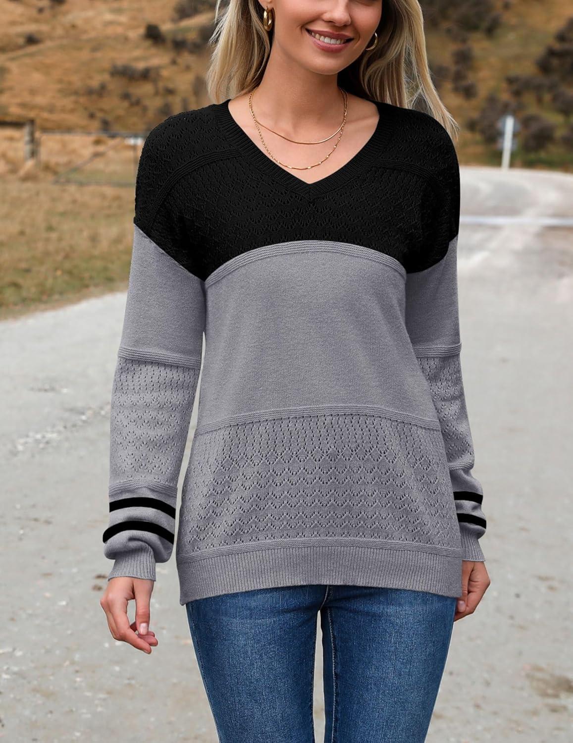 imageZeagoo Womens 2026 Fall Sweaters Casual Long Sleeve Ribbed Knit Pullover V Neck Lightweight Crochet Pullover Sweater TopColorblock Tz172
