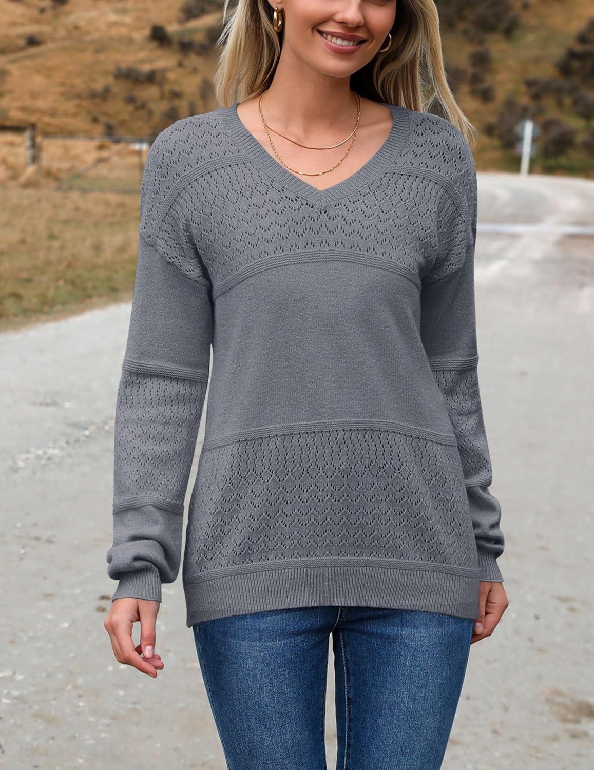 imageZeagoo Womens 2026 Fall Sweaters Casual Long Sleeve Ribbed Knit Pullover V Neck Lightweight Crochet Pullover Sweater TopDeep Gray