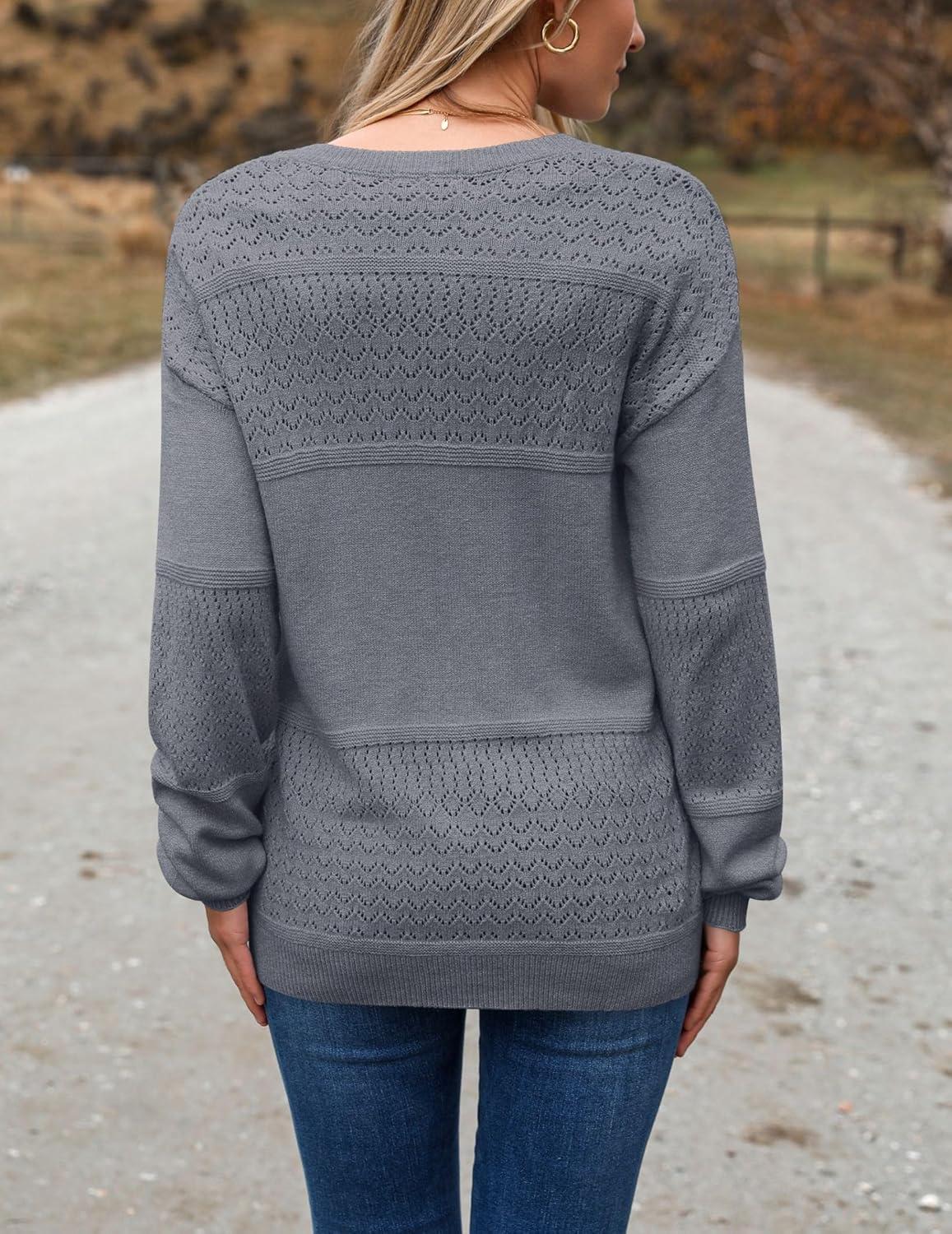 imageZeagoo Womens 2026 Fall Sweaters Casual Long Sleeve Ribbed Knit Pullover V Neck Lightweight Crochet Pullover Sweater TopDeep Gray