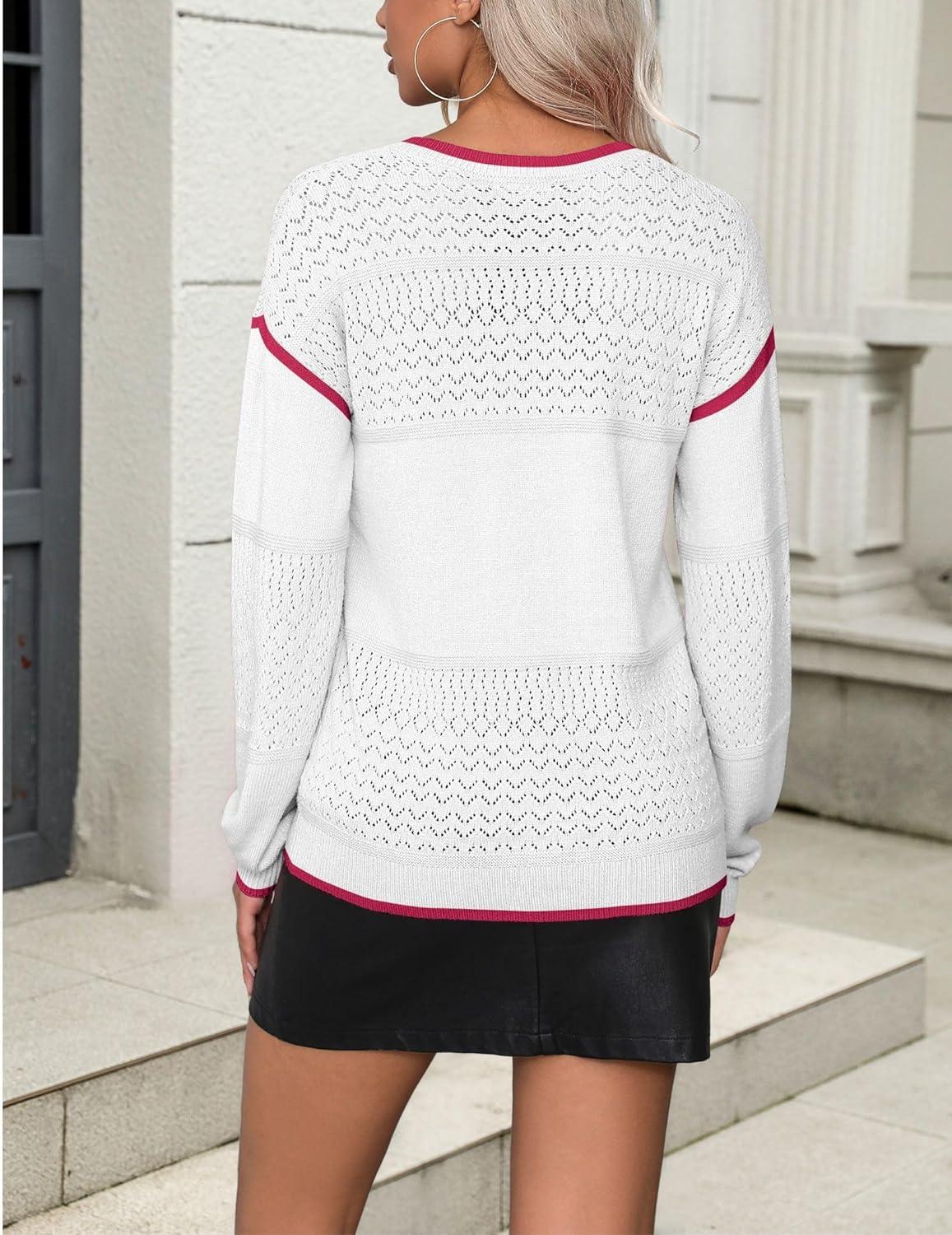 imageZeagoo Womens 2026 Fall Sweaters Casual Long Sleeve Ribbed Knit Pullover V Neck Lightweight Crochet Pullover Sweater TopWhite W1