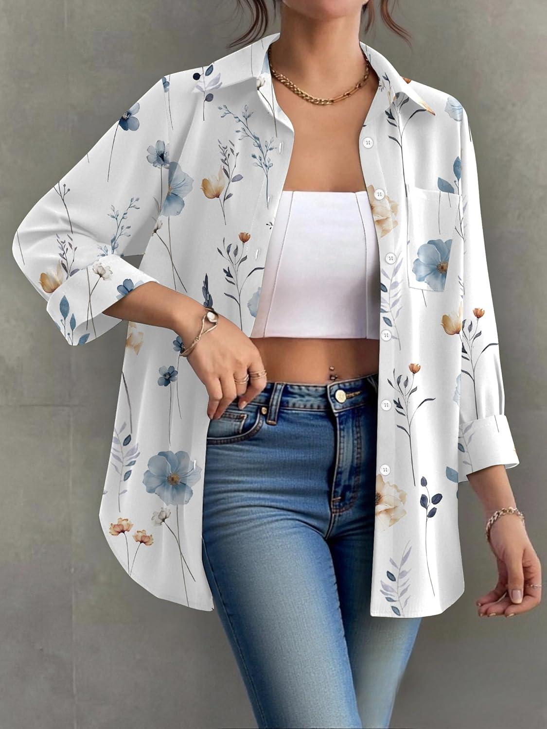 imageZeagoo Womens Button Down Shirt Long Sleeve Blouse Business Work Tops Dressy Casual Floral Printed Outfits with PocketBf112