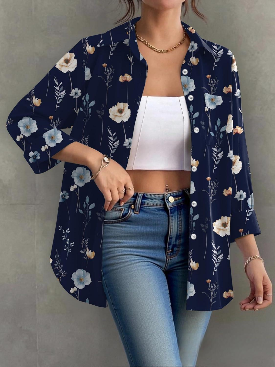 imageZeagoo Womens Button Down Shirt Long Sleeve Blouse Business Work Tops Dressy Casual Floral Printed Outfits with PocketBf318