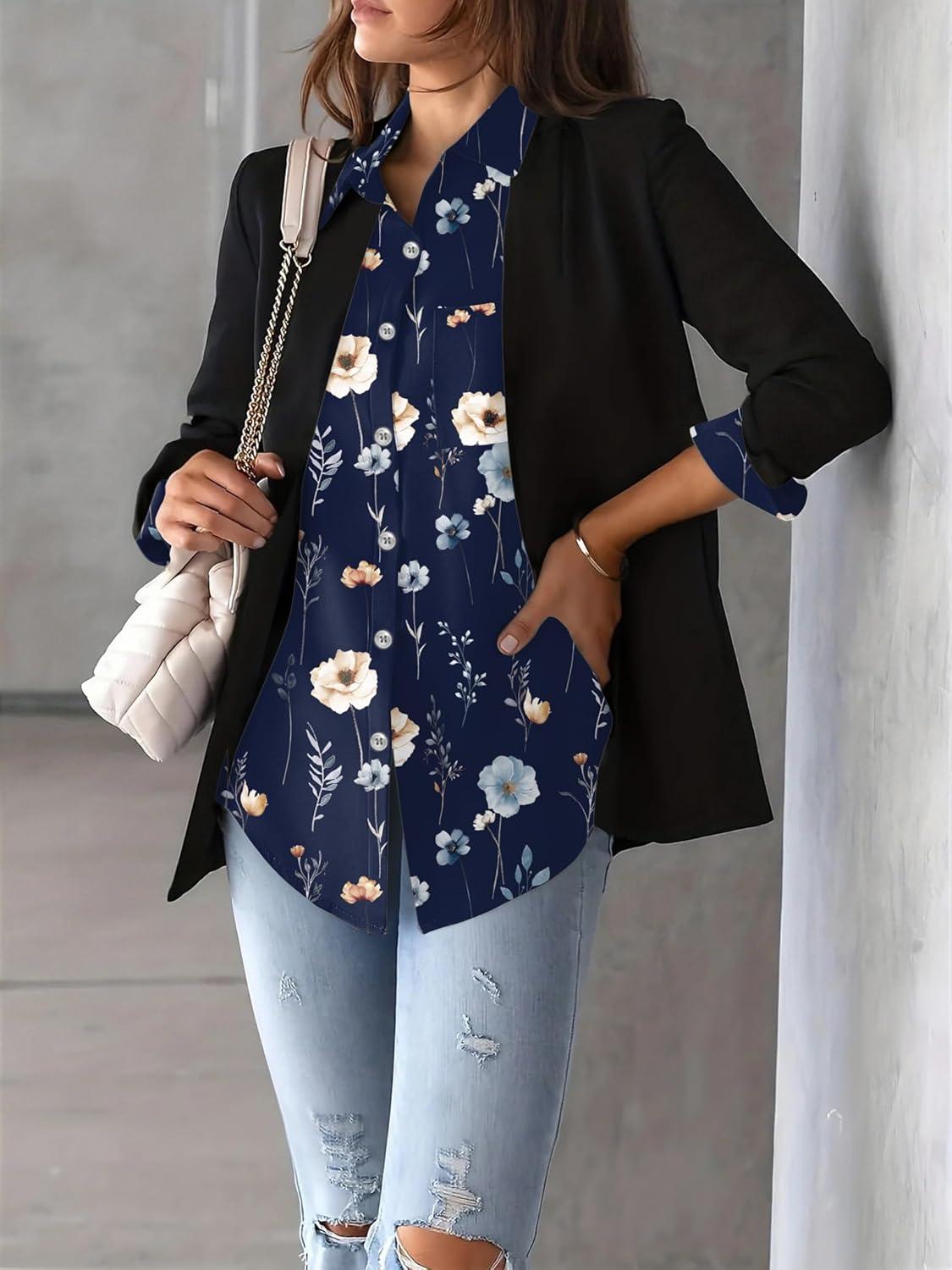 imageZeagoo Womens Button Down Shirt Long Sleeve Blouse Business Work Tops Dressy Casual Floral Printed Outfits with PocketBf318