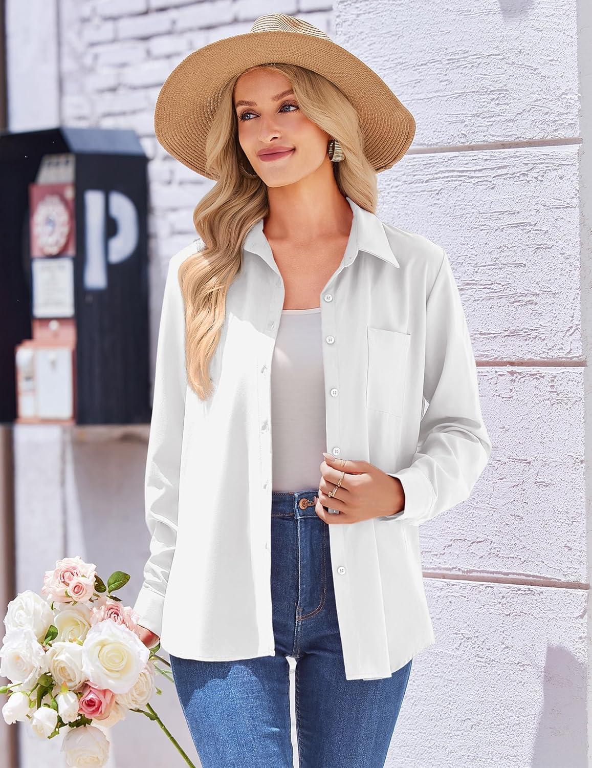 imageZeagoo Womens Button Down Shirt Long Sleeve Blouse Business Work Tops Dressy Casual Floral Printed Outfits with PocketCwhite