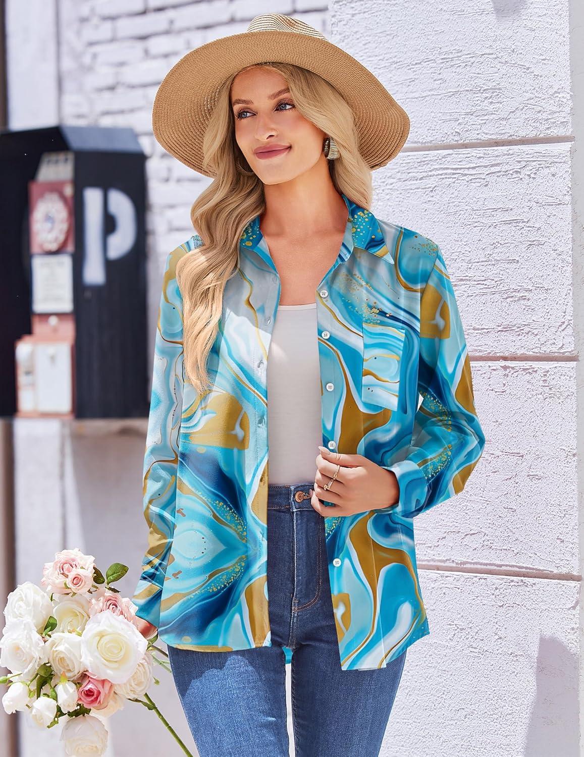imageZeagoo Womens Button Down Shirt Long Sleeve Blouse Business Work Tops Dressy Casual Floral Printed Outfits with PocketDcx274