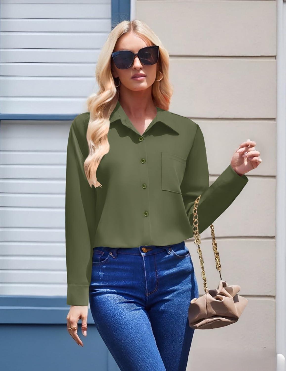 imageZeagoo Womens Button Down Shirt Long Sleeve Blouse Business Work Tops Dressy Casual Floral Printed Outfits with PocketGreen