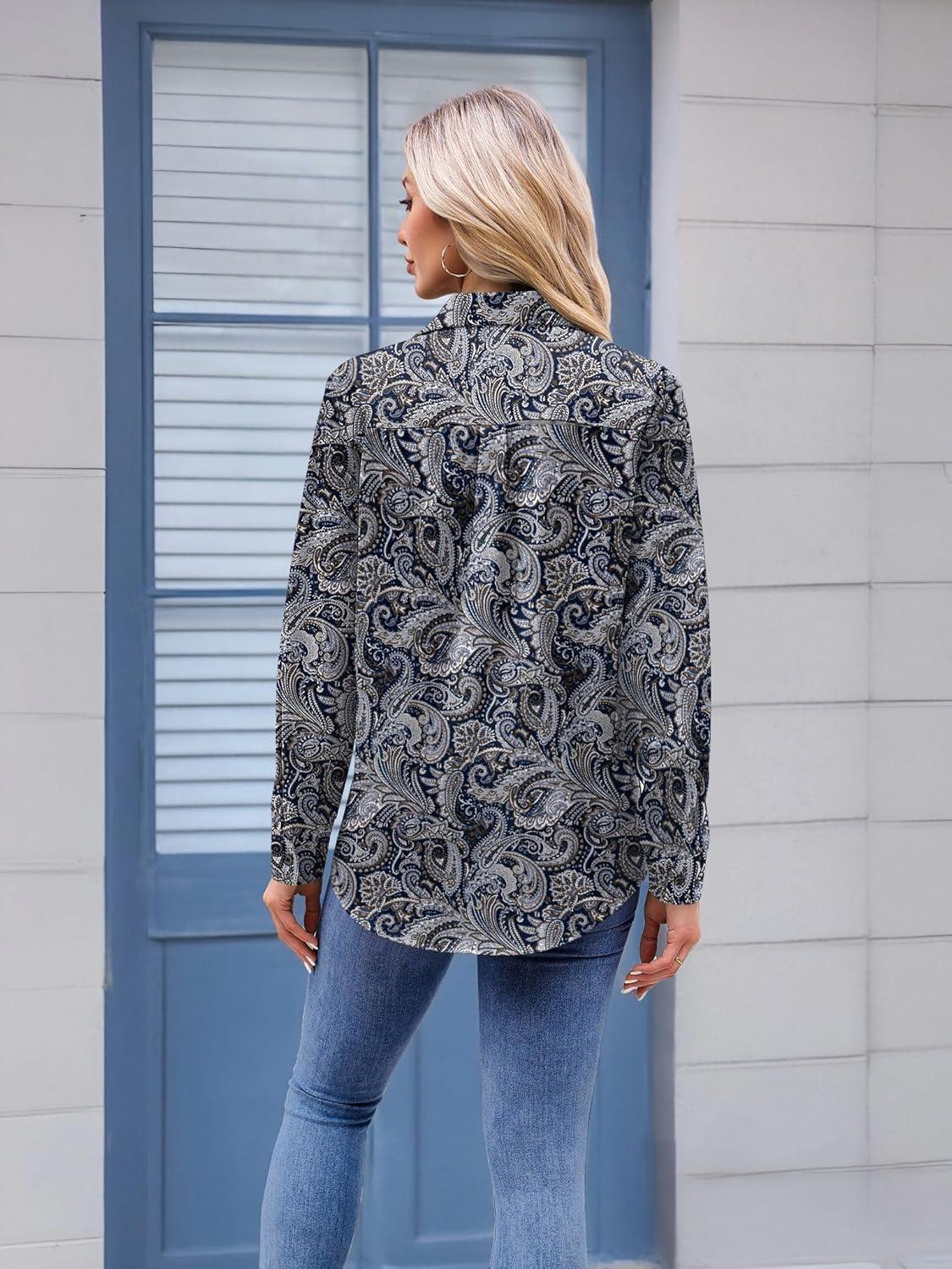 imageZeagoo Womens Button Down Shirt Long Sleeve Blouse Business Work Tops Dressy Casual Floral Printed Outfits with PocketMz473
