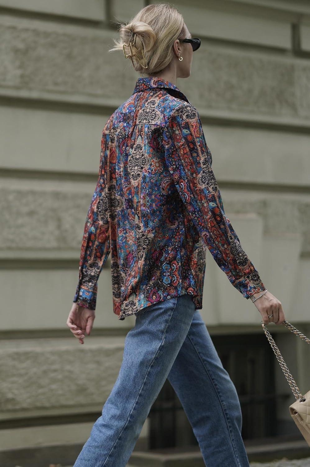 imageZeagoo Womens Button Down Shirt Long Sleeve Blouse Business Work Tops Dressy Casual Floral Printed Outfits with PocketMz721