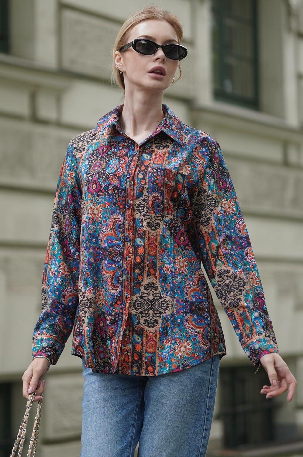 imageZeagoo Womens Button Down Shirt Long Sleeve Blouse Business Work Tops Dressy Casual Floral Printed Outfits with PocketMz721