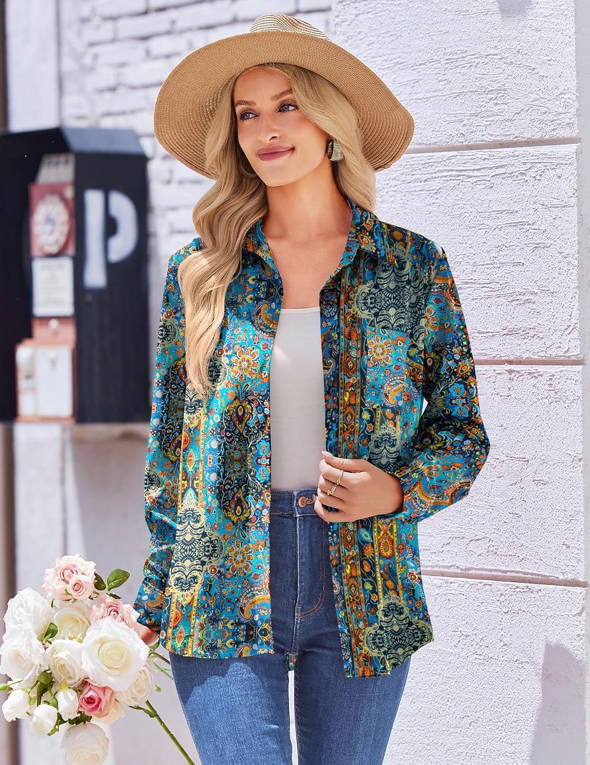 imageZeagoo Womens Button Down Shirt Long Sleeve Blouse Business Work Tops Dressy Casual Floral Printed Outfits with PocketMz779